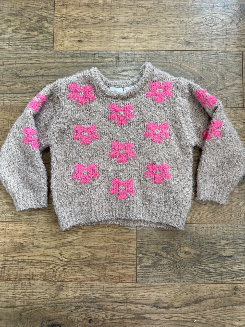 Zara Taupe Bouclé Sweater with Bright Pink Floral Accents